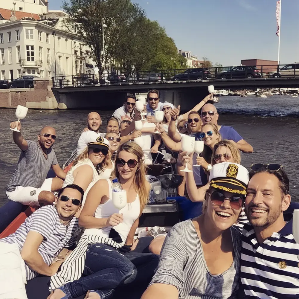 Gasten proosten op de sloep